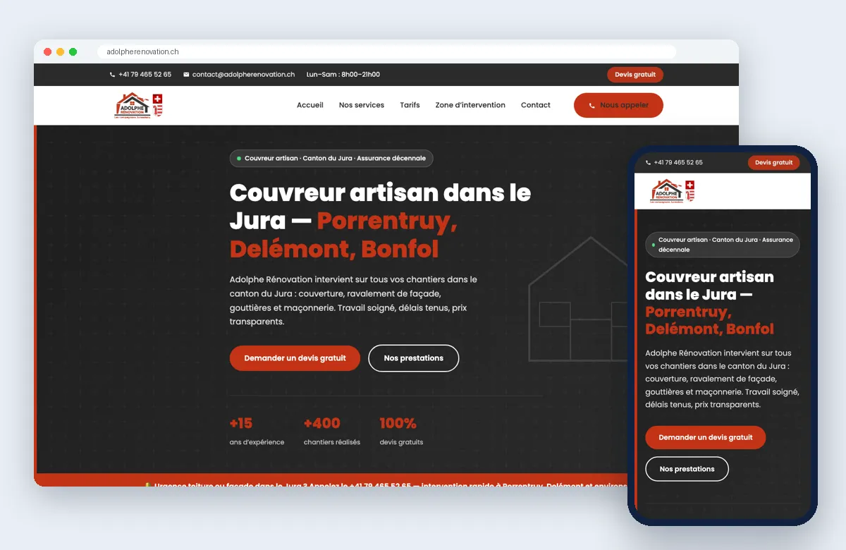 Site Adolphe Rénovation affiché sur ordinateur et sur mobile