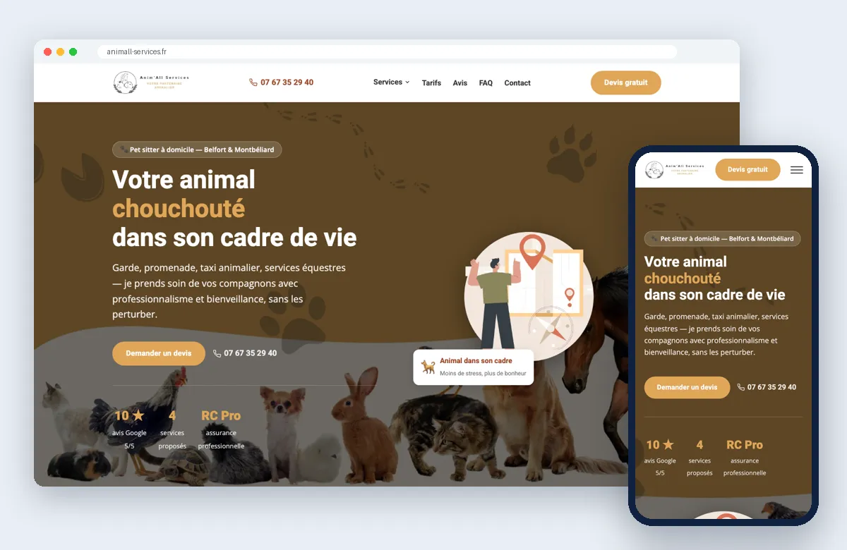Site Anim'All Services affiché sur ordinateur et sur mobile