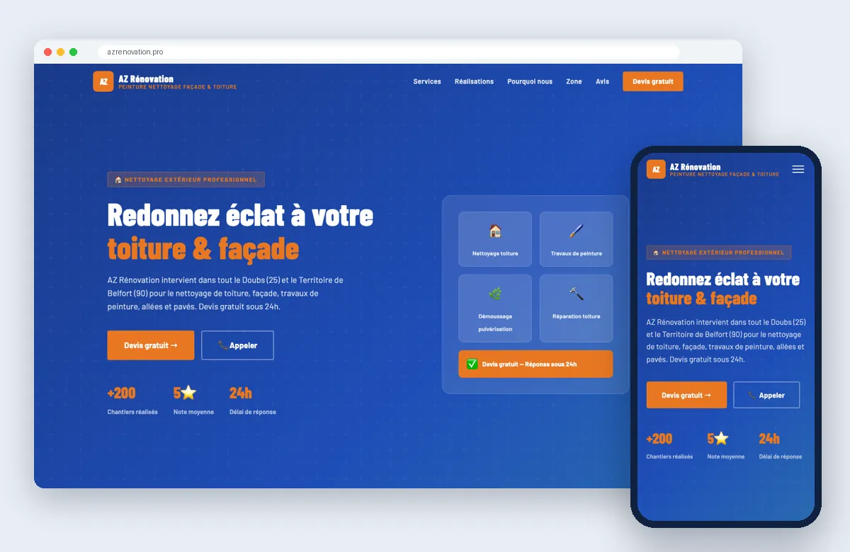 Site AZ Rénovation affiché sur ordinateur et sur mobile