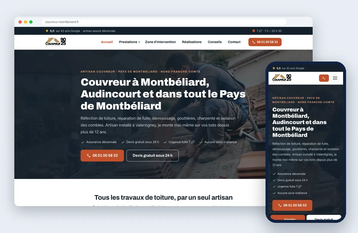 Site Couvreur 90·25 affiché sur ordinateur et sur mobile