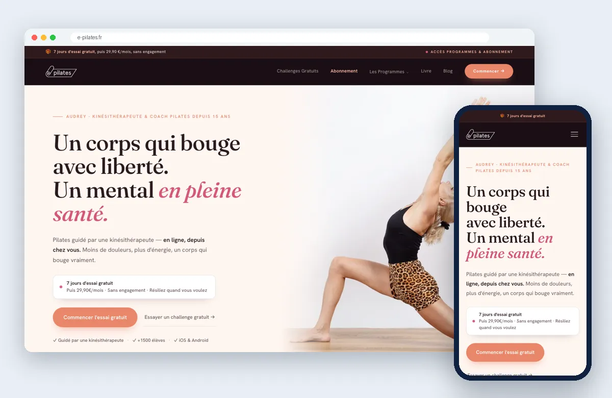 Site e-Pilates affiché sur ordinateur et sur mobile