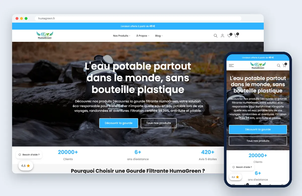 Site HumaGreen affiché sur ordinateur et sur mobile
