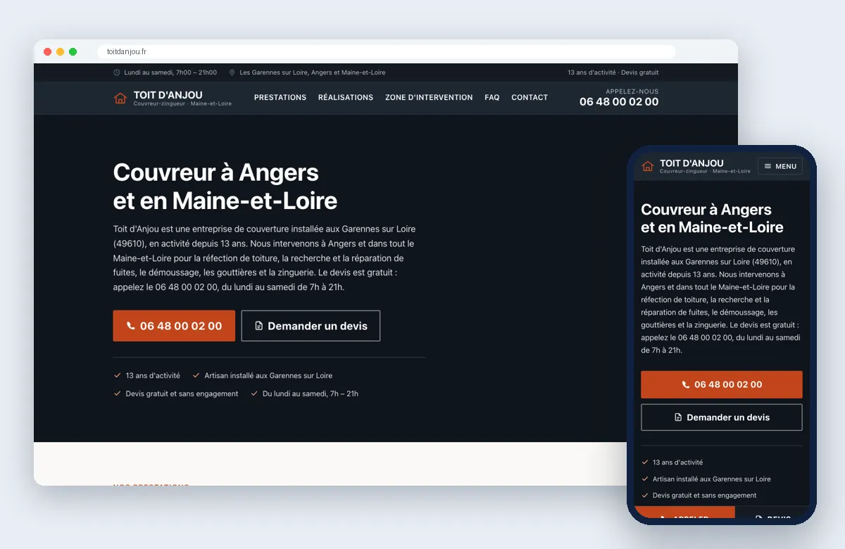 Site Toit d'Anjou affiché sur ordinateur et sur mobile