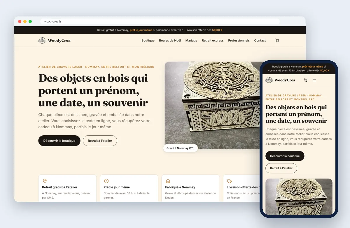 Site WoodyCrea affiché sur ordinateur et sur mobile