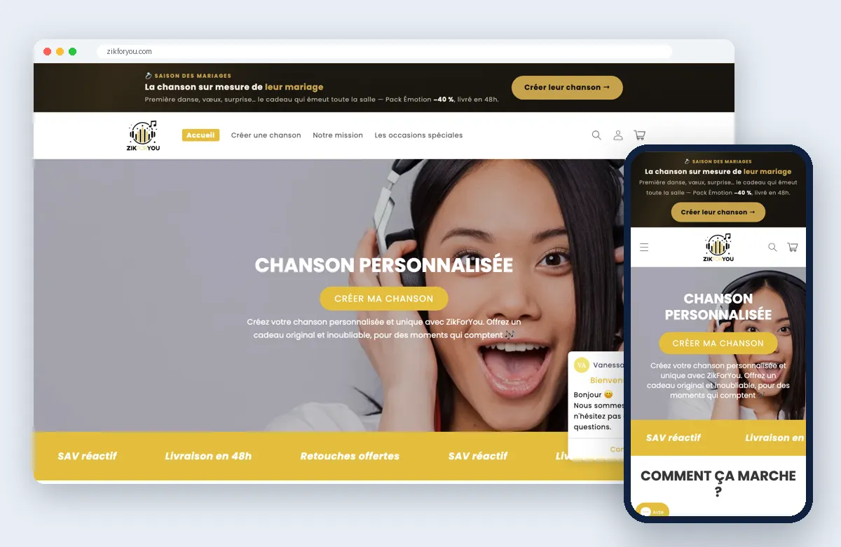 Site ZikForYou affiché sur ordinateur et sur mobile